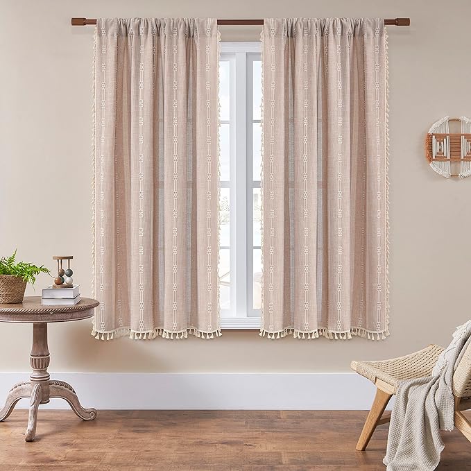 Linen Curtains 63 Inch Length 2 Panels for Living Room Embroidery Khaki Boho Curtains for Bedroom Rustic Farmhouse Tassel Light Filtering Window Curtains Rod Pocket Drapes (52" W x 63" L,Khaki)