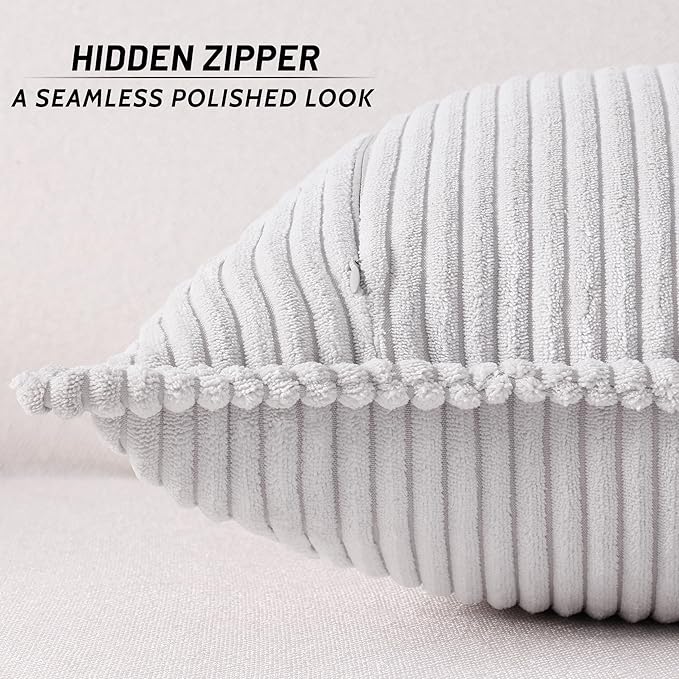 Mecatny Corduroy Throw Pillow Covers 26x26 Set of 2, Neutral Decorative Soft Boho Couch Pillow Covers with Broadside for Sofa Living Room, Grey