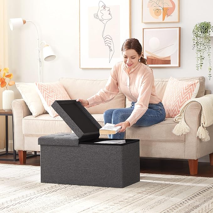SONGMICS MAZIE Collection - 30 Inches Storage Ottoman, Foldable Storage Bench with Flipping Lid, 660 lb Load Capacity, for Entryway, Living Room, Bedroom, Dark Gray ULSF46GYZ