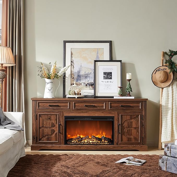 JXQTLINGMU Farmhouse TV Stand for Up to 80 Inch TV, Entertainment Center with Electric Fireplace, Storage Cabinet Drawer for Living Room (Brown)