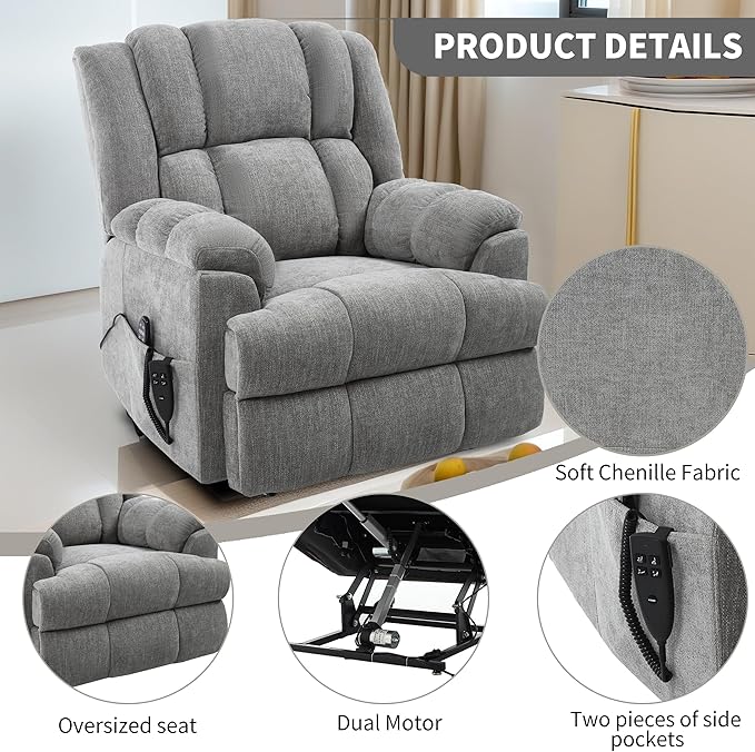 Luxlen Power Lift Recliner Chair for Elderly, Heat Massage Recliners, Dual Motor Oversized Lift Chair, Medium-Firm Electric Lift Recliners with Remote - Greyish
