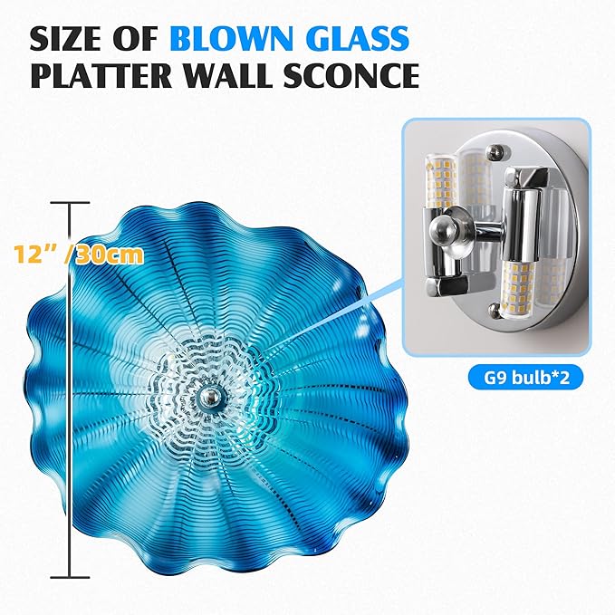 Hand Blown Glass Plate Wall Decor, Modern Unique Glass Wall Art, Lotus Leaf Wall Plate Shape Wall Sconce with Transparent and Easy to Clean for Staircase, Living Room, Kitchen, Hallway (Blue-1)