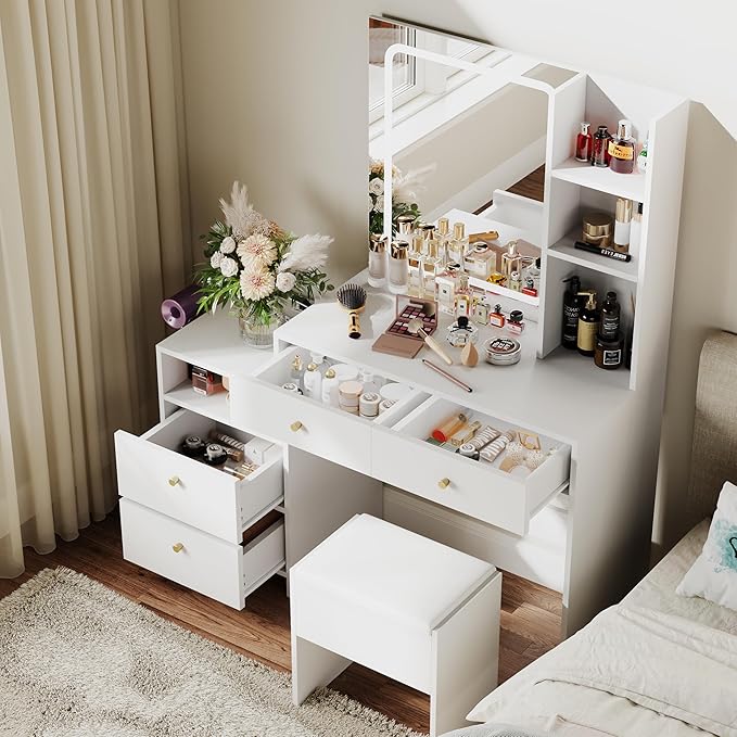 HAOBO Home Vanity Desk with Mirror and Lights, Makeup Vanity with Stool and Drawers Dressing Table with Power Outlet for Bedroom