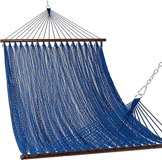 Lazy Daze Hammocks 10.5 FT Double 2 Person Caribbean Rope Hammock, Hand Woven Polyester Hammock with Spreader Bars, for Outside Outdoor Backyard Patio Poolside,450 LBS Capacity, Blue