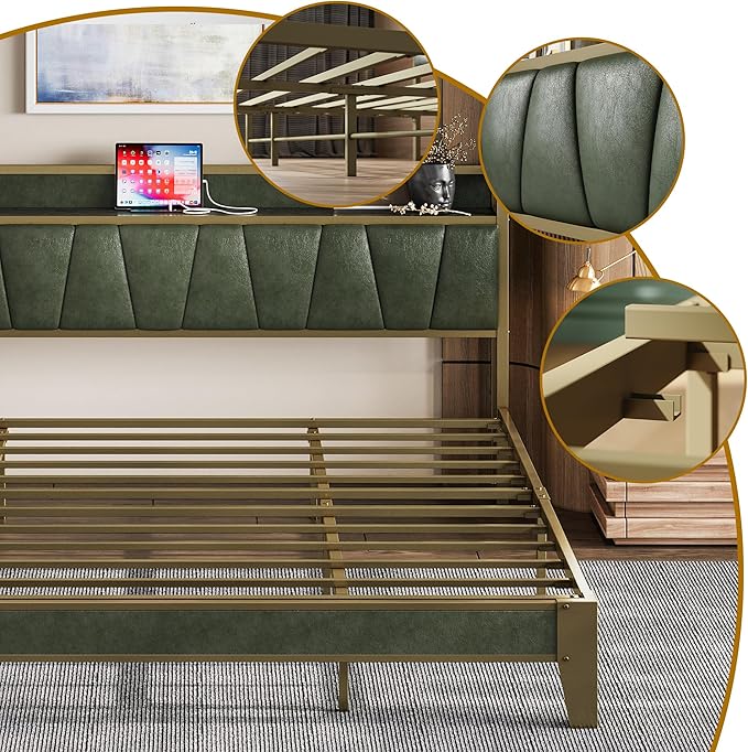 LIKIMIO King Bed Frame, Storage Headboard with Charging Station, Solid and Stable, Noise Free, No Box Spring Needed, Easy Assembly (Dark Green)