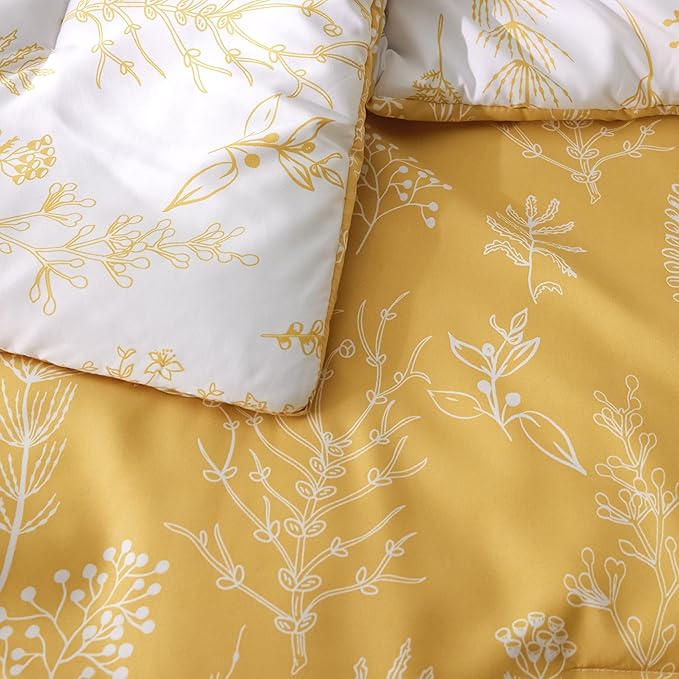 Bedsure Queen Comforter Set - Yellow Bed Set, 3 Pieces Cute Floral Bedding, 1 Soft Reversible Botanical Flowers Comforter and 2 Pillow Shams