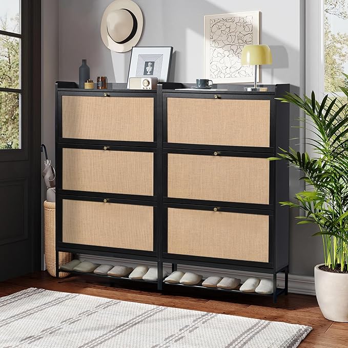 LEVNARY Shoe Storage Cabinet with 3 Flip Drawers, Freestanding Shoe Cabinet Storage Organizer for Entryway, Wooden Narrow Shoe Racks Cabinet with Metal Legs for Hallway (Black)