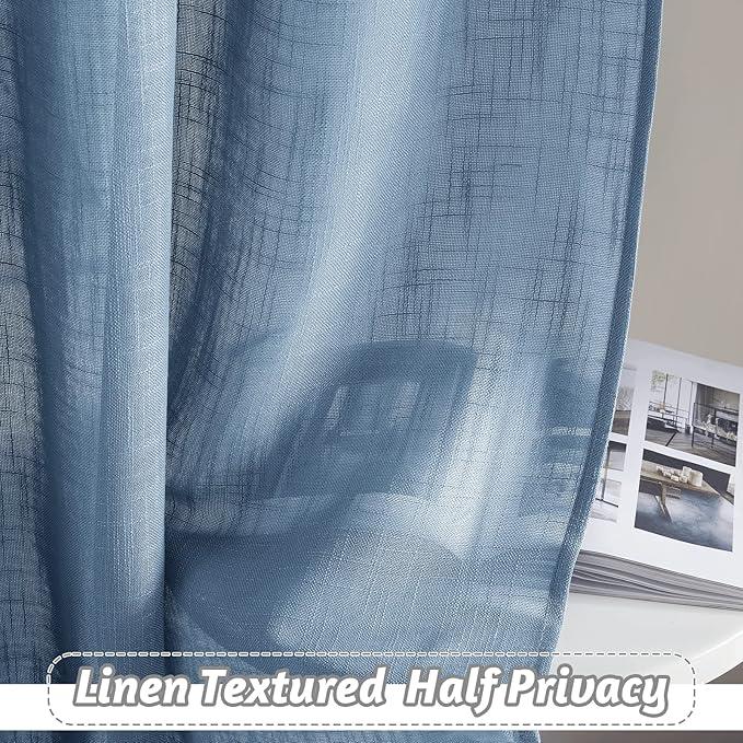 RYB HOME Linen Curtains 90 inches Long Super Soft Light & Privacy Rod Pocket Sheers for Living Room Bedroom Patio Door Backdrop Window Decor, Blue Haze, W 52 x L 90 inches, 2 Panels