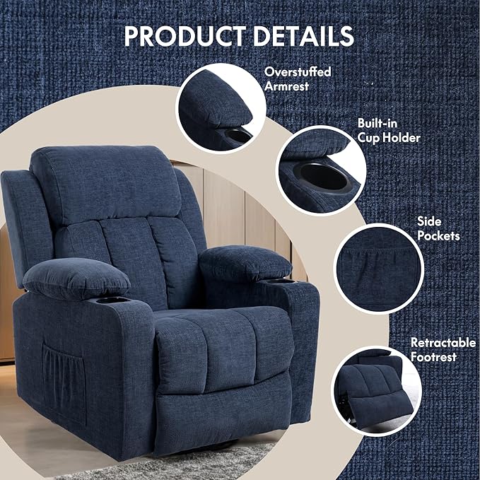 FLEXISPOT XL31 Power Lift Recliner Chair for Elderly, Electric Lift Chair with Massage & Heat, Corduroy Reclining Sofa w/Cup Holders, Side Pockets for Living Room Bedroom(Medium Size,Royal Blue)