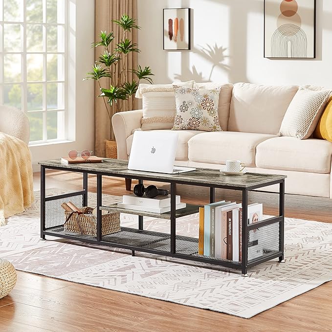 VECELO Industrial TV Stand for Televisions up to 65 Inch, 55" Entertainment Center with Open Storage Shelves for Living Room/Bedroom, 3 Tiers Media Console Table with Metal Frame, Grey, 55 Inches