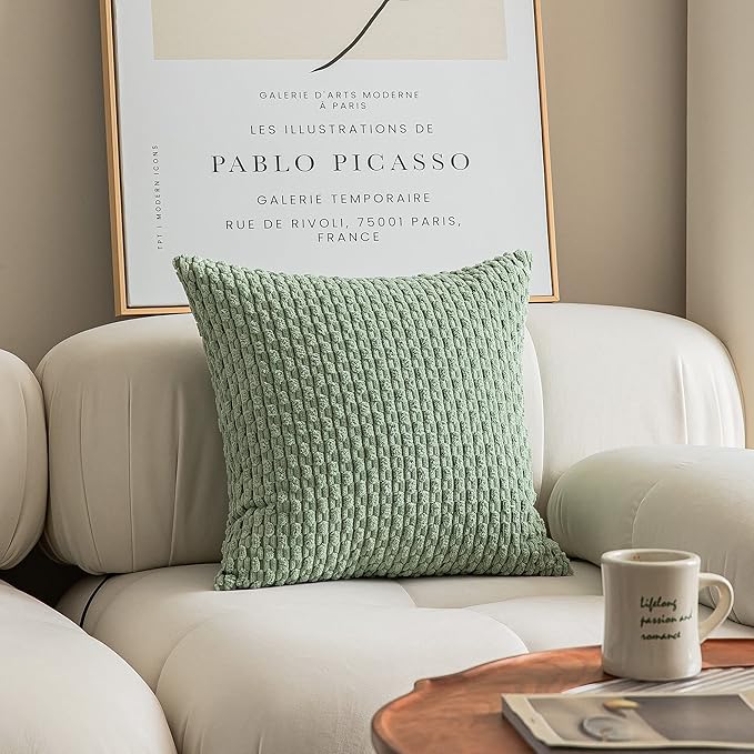 Kevin Textile 2 Packs Decorative Throw Pillow Covers 18x18 Inch for Living Room Couch Bed Spring Sofa Soft Striped Corduroy Square Cushion Case 45x45 cm Farmhouse Boho Home Decor Sage Green