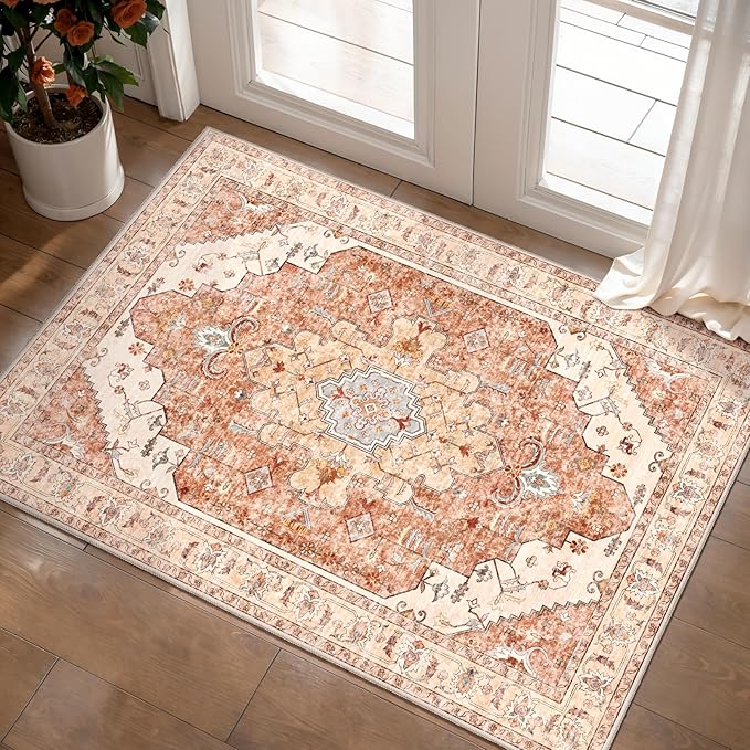Tangsoo Vintage Rug 2x3 Washable for Entryway, Non Slip Small Area, Indoor Front Door Rug, Print Distressed Brick Red Door Mat Carpet, Soft Low Pile for Entrance Kitchen Bedroom Bathroom
