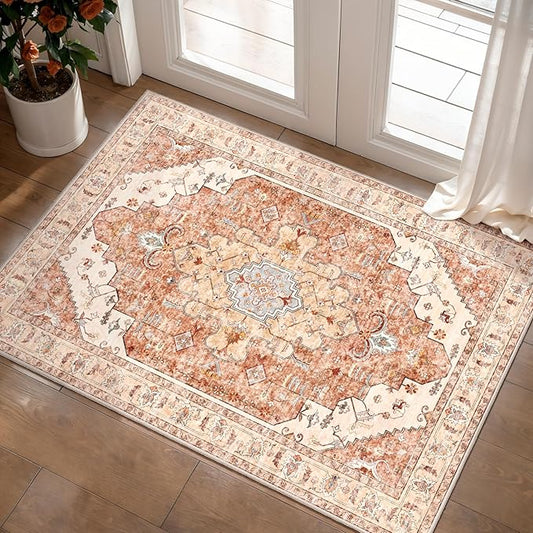Tangsoo Vintage Rug 2x3 Washable for Entryway, Non Slip Small Area, Indoor Front Door Rug, Print Distressed Brick Red Door Mat Carpet, Soft Low Pile for Entrance Kitchen Bedroom Bathroom