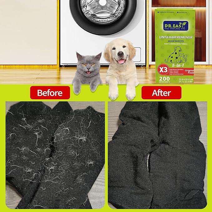 Dr.Easy LINT & HAIR REMOVER Pet HUGESHEETS with 3X Dryer Sheets, Original Fresh, 200 Count,PLANT&MINERAL-BASED FORMULA