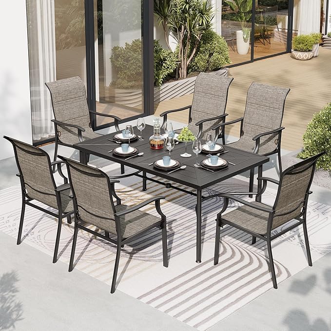 7 Piece Patio Dining Sets for 6, Black Outdoor Table and Chairs Set with 1 Wood-Like Patio Table(1.57"-1.9" Hole) and 6 Textilene Patio Chairs, Outdoor Dining Sets for Deck Backyard