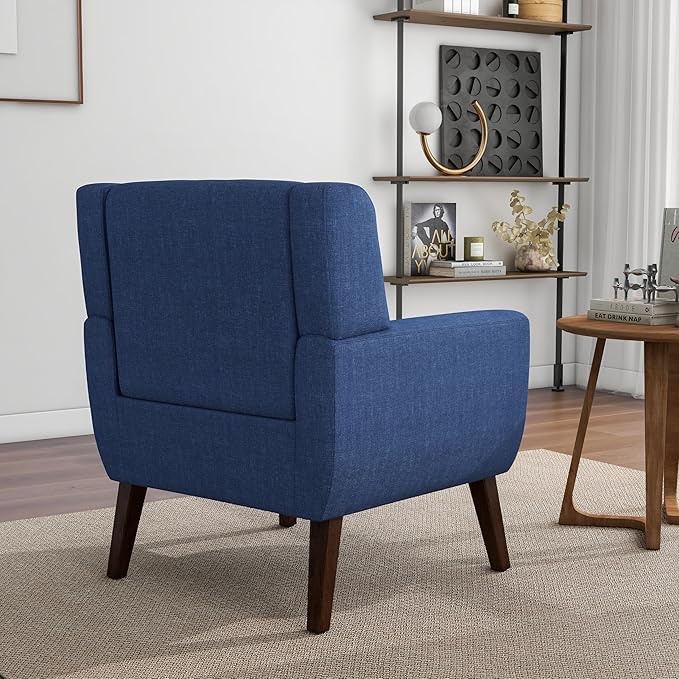 Accent Chair, Mid-Century Modern Fabric Chairs with Arms for Living Room, Comfy Upholstered Club Single Sofa Armchair for Bedroom Waiting Room with Solid Wood Frame (Fabric Navy Blue, Set of 2)