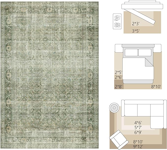 FMFUNCTEX 2x6 Runner Rug Green Vintage Neutral Washable Distressed Non Slip Low Pile Indoor Carpet Soft Retro Hallway Entryway Rug for Kitchen Living Room Bedroom Bathroom Laundry Entrance Bedside