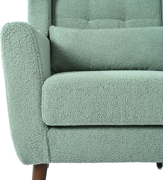 Accent Chair, Comfy Upholstered Living Room Chairs with High Tufted Backrest and Pillow, Wingback Reading Chair with Solid Wood Legs for Bedroom/Office, Teddy Fabric, Light Green