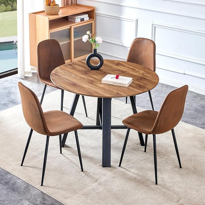 Round Dining Table Set for 4, Round Kitchen Table and Chairs Set for 4,Modern 42" Wood Dining Room Table Set & PU Leather Chairs for Small Space Kitchen Apartment Office