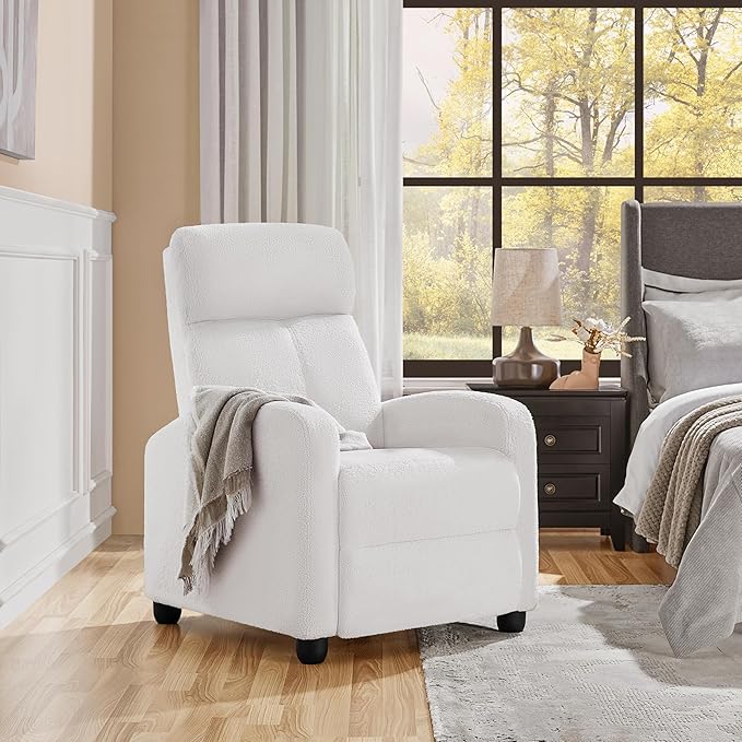 Yaheetech Boucle Recliner Chair Single Sofa Home Theater Seating Adjustable Modern Single Reclining Chair for Living Room Bedroom Home Theater White