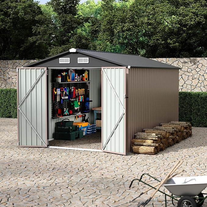 8x12 FT Metal Storage Sheds Outdoor, Metal ToolShed with Lockable Door, Metals Yard Sheds Metals Garden Shed Kit, MetalUtility Sheds Buildings with Air Vent for Backyard Garden Patio Lawn