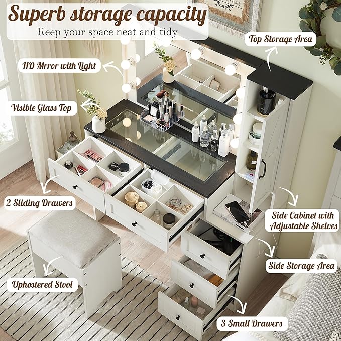 Farmhouse Vanity Desk with Mirror and Lights, 43" Wide Makeup Vanity with Glass Tabletop and Charging Station, Modern Vanity Table Set with Storage and Stool for Bedroom, Off White