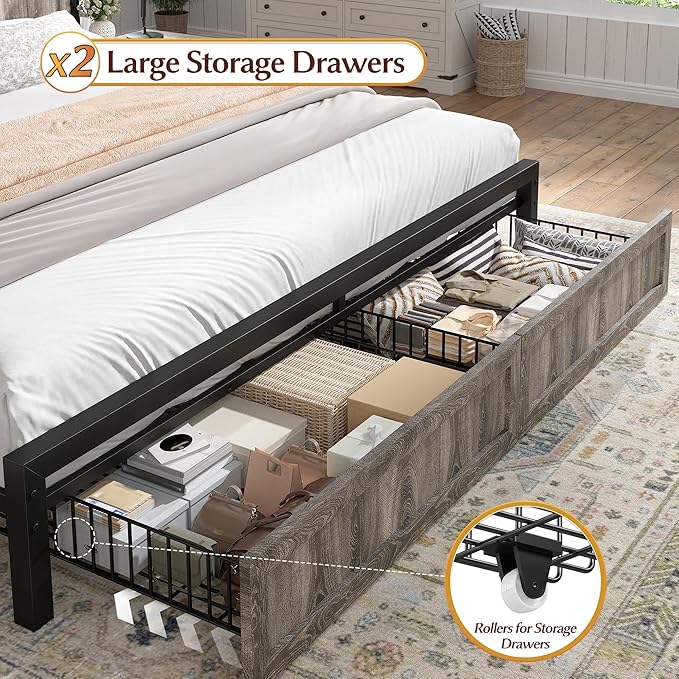 EnHomee King Size Bed Frame with Headboard and Storage, 2 Drawers & LED Light Farmhouse King Bed Frame Built in Charging Station,NO Noise,No Box Spring Needed,Grey