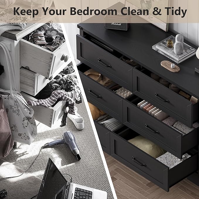 6-Drawer Dresser for Bedroom – 47" Wide Modern Wooden Chest with Natural Wood Texture, TV Stand & Storage, Metal Corner Brackets, Wood Drawer Organizer for Living Room, Hallway