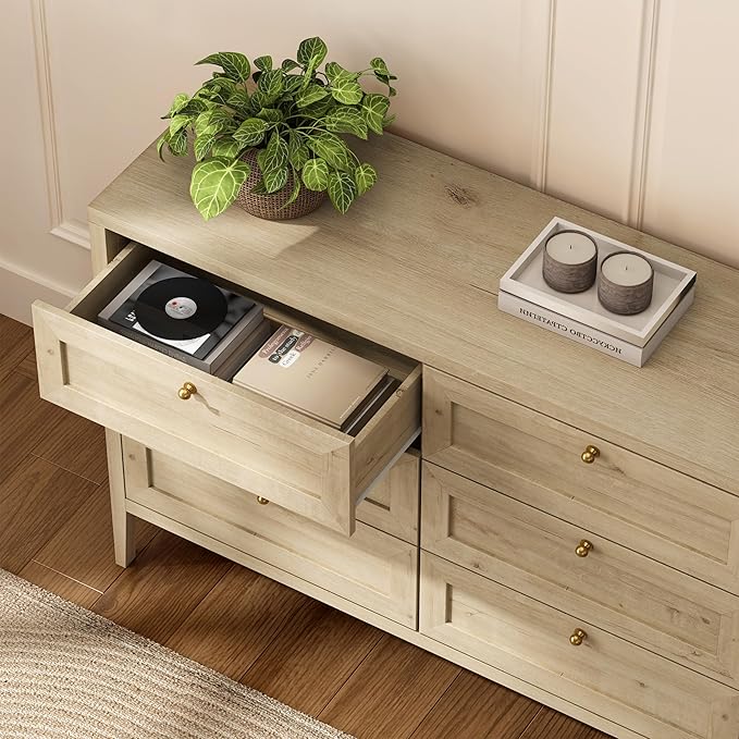 6 Drawer Dresser for Bedroom 47" Wide Chest of Drawers Mid Century Modern Wooden Storage Dresser Organizer TV Stand for Living Room, Hallway, Light Oak