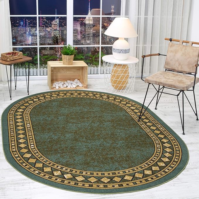 Antep Rugs Alfombras Modern Bordered 5x7 Non-Skid (Non-Slip) Low Profile Pile Rubber Backing Indoor Area Rugs (Green, 5' x 7' Oval)