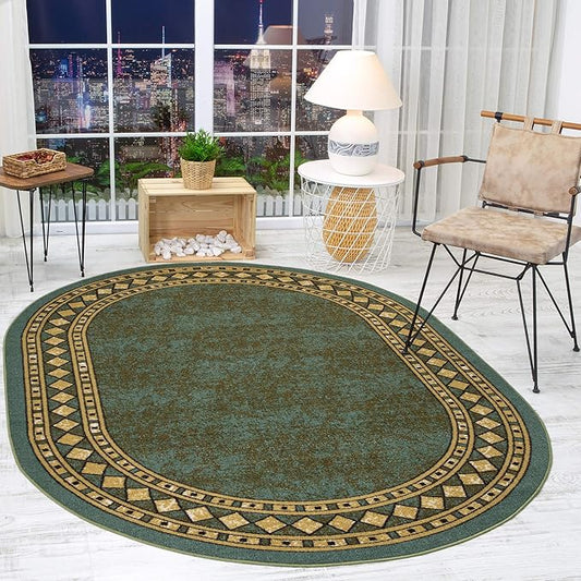 Antep Rugs Alfombras Modern Bordered 5x7 Non-Skid (Non-Slip) Low Profile Pile Rubber Backing Indoor Area Rugs (Green, 5' x 7' Oval)