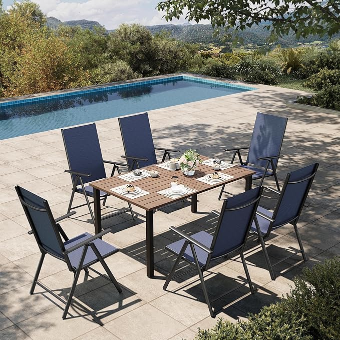 HERA'S HOUSE 7-Piece Outdoor Dining Set for 6, 60" Weather-Resistant Metal Patio Table with 6 Foldable Blue Chairs, Perfect for Garden, Backyard, Porch & Lawn (Space-Saving Design)