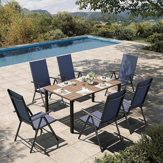 HERA'S HOUSE 7-Piece Outdoor Dining Set for 6, 60" Weather-Resistant Metal Patio Table with 6 Foldable Blue Chairs, Perfect for Garden, Backyard, Porch & Lawn (Space-Saving Design)