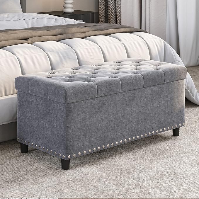 BELLEZE 35" Tufted Ottoman, Storage Bench with Safety Close Hinge, Ottoman with Storage for Living Room, Entryway, Hallway, Foot Rest, Support 300lbs - Grey