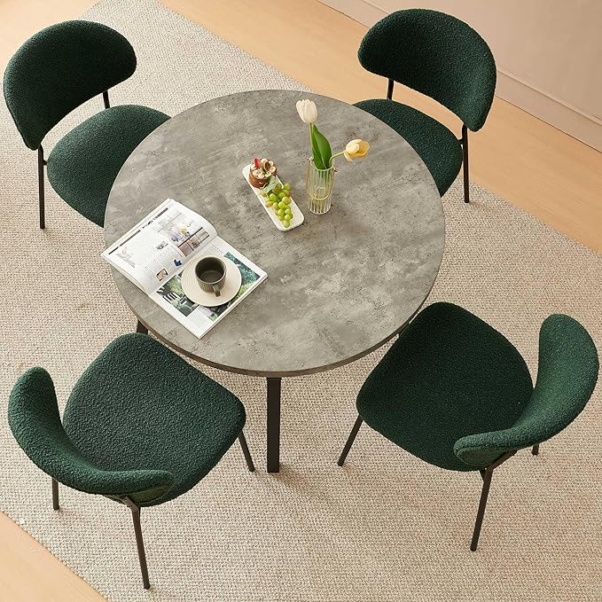 5-Pieces Kitchen Dining Table Set for 4, Grey Round Table MDF with 4 Metal Hooks for Hanging, Modern Dining Room Table Set with 4 Seated Green Boucle Dining Chairs for Dining Room, Cafe