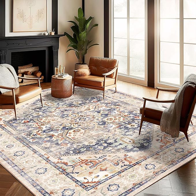 Washable Area Rug 10'x14' Blue Khaki Retro Flowers Boho Design Non-Shedding Easy Care Ideal for High Traffic Areas in Living Room Bedroom Office Coffee Table Kitchen Large Carpet
