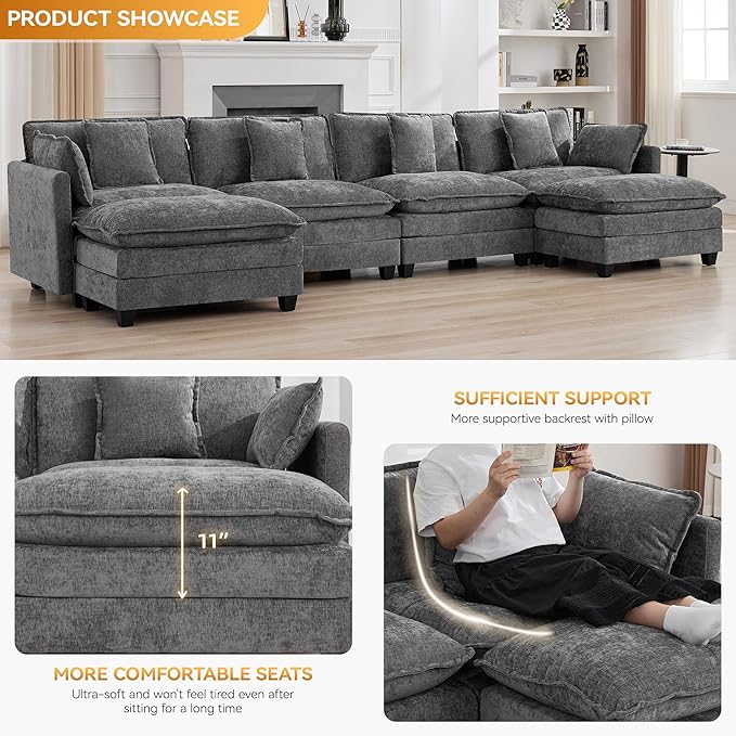 147'' Sectional Cloud Deep Seat Couch, Oversized Chenille U Shaped Sectional Sofa for Living Room Set, Comfy Upholstered Modular Sectional Sofa Couch with Movable Ottoman, Grey
