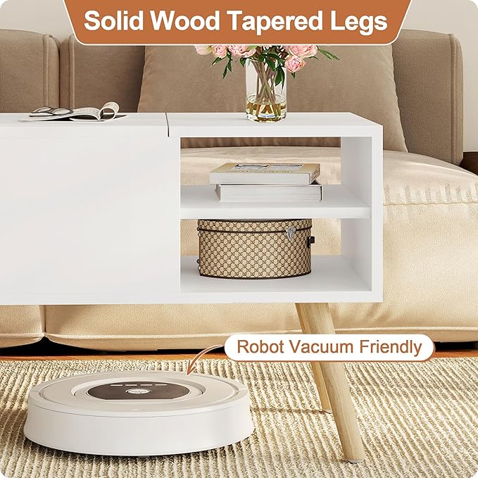 ALINE FURNITURE White Coffee Table Lift Top - Wood Coffee Table with Hidden Compartment Storage - 40" Pull Up Coffee Tables for Living Room