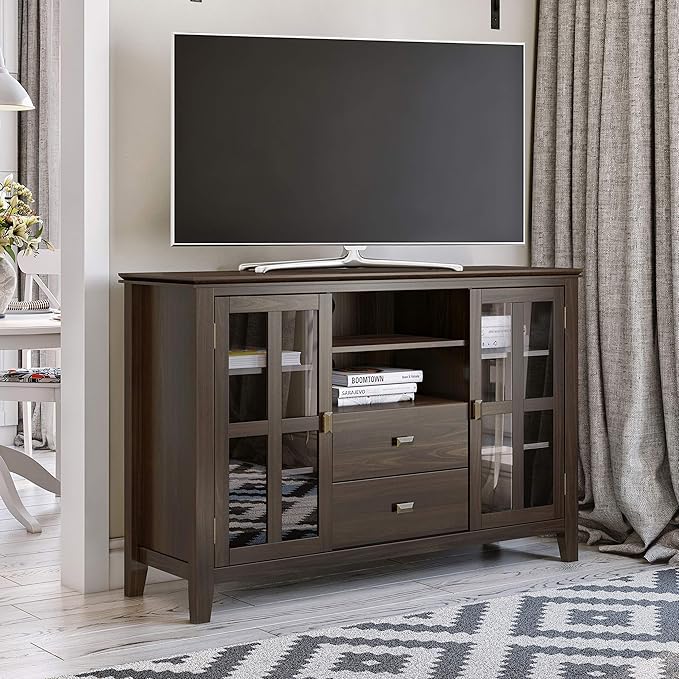 SIMPLIHOME Artisan SOLID WOOD 53 inch Wide Transitional TV Media Stand in Tobacco Brown For TVs up to 60 inches for the Living Room and Entertainment Center