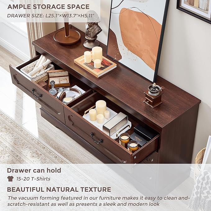 LIDYUK 6 Drawer Dresser for Bedroom Farmhouse Cherry Tall Wood Chest of Drawers for Bedroom Dresser, Modern Rustic 55" Wide Drawers Dressers Wooden Closet and Storage Cabinet, Hallway, Living Room