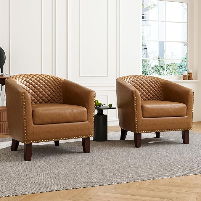 Accent Barrel Chair, Upholstered Faux Leather Club Chair with Nailed Trim, Comfy Reading Armchair for Living Room Bedroom Reception Room Office (Coffee, Set of 1)