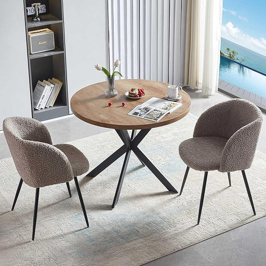 Dining Table Set for 2 with Chairs, 37" Engineered Wood Round Table Wipe Clean with 2 Fluffy Sherpa Arm Chairs, Modern Dinette Set with Metal Legs for Breakfast, Dining Room, Coffee Shop