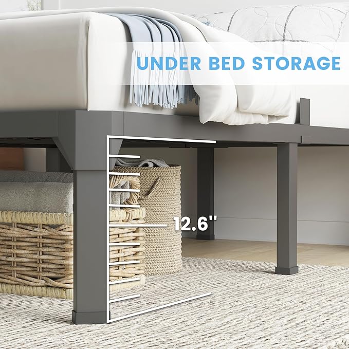 Full Bed Frame with Mattress Slide Stopper, 14 Inch Metal Platform Bed Frame, Heavy Duty Tall Bed Frame No Box Spring Needed with Large Storage Space, Easy Assembly, Noise Free