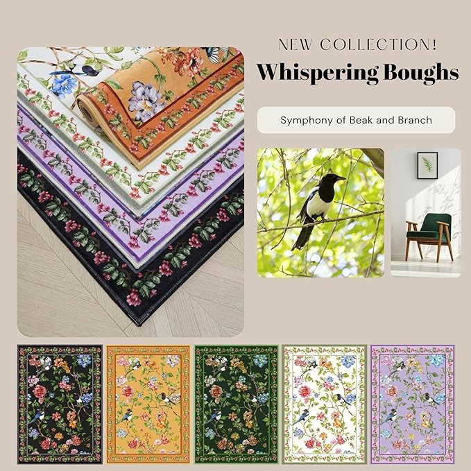 Round Rug 4ft Washable Circle Rug Non Slip Low Pile Floral Bird Magpies Animal Small Circular Rug for Bedroom, Bathroom, Entryway, Kids Room, Office, College Dorm (Yellow)