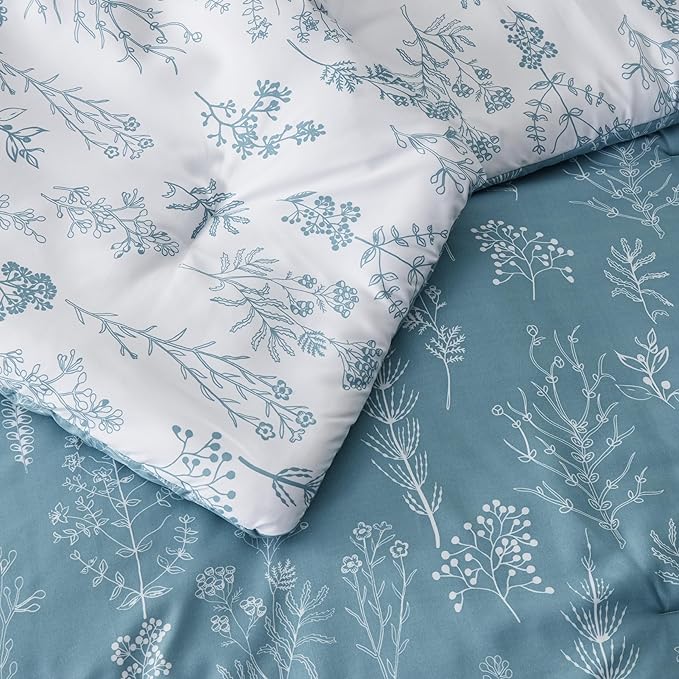 Bedsure Twin/Twin XL Comforter Set - Mineral Blue Bed Set, 2 Pieces Cute Floral Bedding, 1 Soft Reversible Botanical Flowers Comforter and 1 Pillow Sham