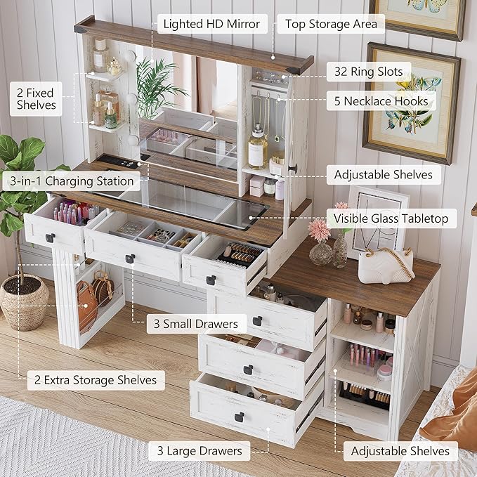 Farmhouse Vanity Desk Set with Mirror and Lights, Makeup Vanity Table with 6 Drawers/Large Storage, White Dressing Table 3 Colors Adjustable Lighting Brightness & Charging Station for Women