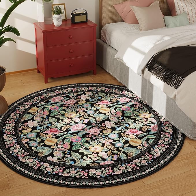 Round Rug 4ft Washable Circle Rug Non Slip Low Pile Vintage Floral Small Circular Rug for Bedroom, Bathroom, Entryway, Kids Room, Office, Black