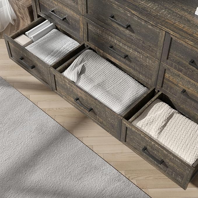 Farmhouse 9 Drawers Dresser for Bedroom, Wood Rustic Wide Chest with Natural Texture, Farmhouse Chest of Drawers for Bedroom, Hallway, Entryway, Dark Brown