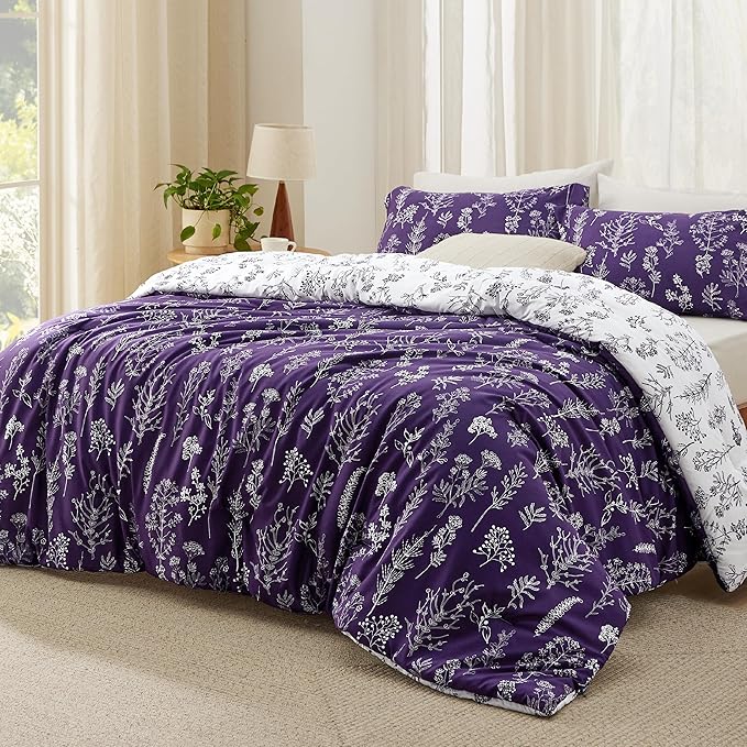 Bedsure Queen Comforter Set - Dark Purple Bed Set, 3 Pieces Cute Floral Bedding, 1 Soft Reversible Botanical Flowers Comforter and 2 Pillow Shams