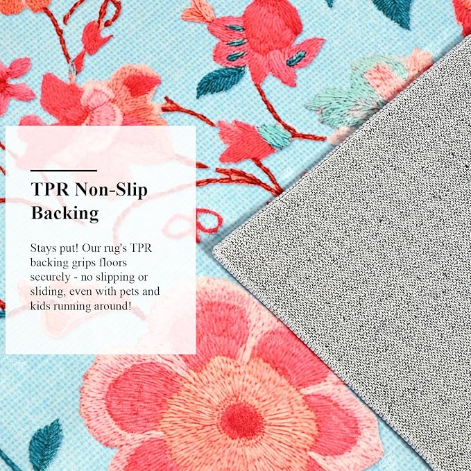 Living Room Rug 6x9 Rug, Machine Washable Area Rug Non Slip Low Pile Floral Rug for Living Room, Bedroom, Farmhouse, Dining Room, Kids Playroom, Blue